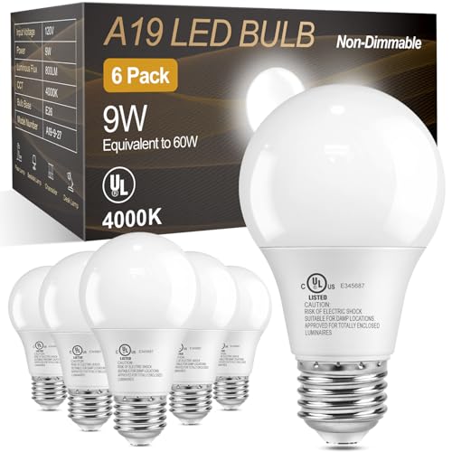 TJOY A19 LED Light Bulbs 60 Watt Equivalent, E26 Standard Base LED Bulbs, 4000K Cool White Lightbulbs, 9W Energy Saving Neutral White for Home, 800 Lumens, 85+ CRI, 120V, Non-Dimmable, UL, 6 Pack