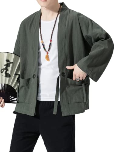 Image of Men's Japanese Kimono Cardigan Loose Cotton Linen 3 /4 Sleeve Open Front Casual Summer Shirt Jackets