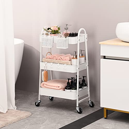 KINGRACK 3-Tier Rolling Cart, Metal Rolling Storage Cart with Handle and Lockable Wheels, 2 Hanging Baskets & 4 Hooks, Utility Cart for Kitchen, Bathroom, Office, White