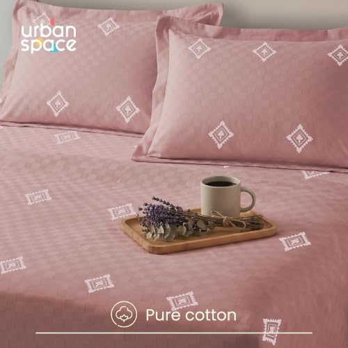 Image of Urban Space 100% Cotton 300TC Jacquard Embroidered bedsheets for King Size Bed, Pure Cotton King Bedsheet, Checks bedsheet King Size with 2 Pillow Covers (108 inch x 108 inch, Diamond Dusty Pink)