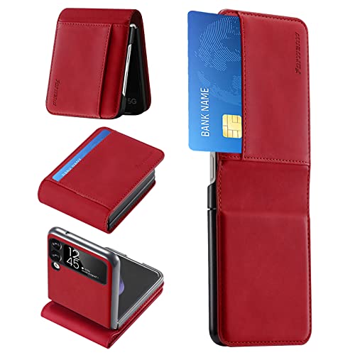 Coque Samsung Z Flip 4 en cuir rouge avec béquille magnétique et porte-carte antichoc