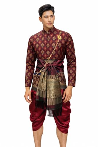 SIAM REGAL Thai Wedding Outfit Men, Chut Thai Traditional Clothing, Thai Silk Groom Attire, Formal Ethnic Wear for Weddings (Maroon, L = Chest 46")
