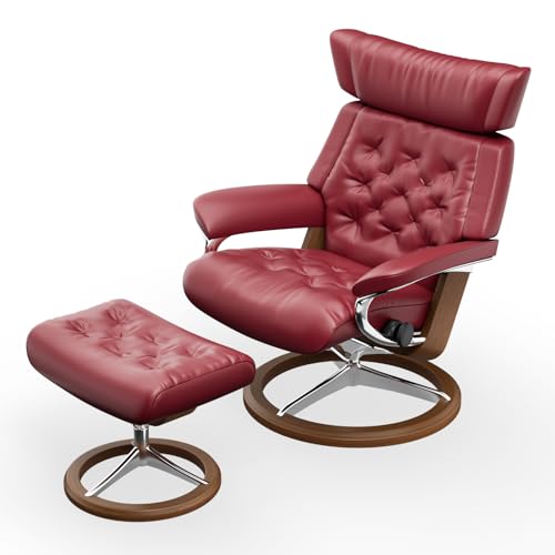 OTEMEL Genuine Leather Chaise Lounge, Swivel Recliner with Ottoman, Modern Adjustable Back Chair, Heavy Duty Base Support for Living Room/Bedroom/Office, Faux Leather, Burgundy/Red