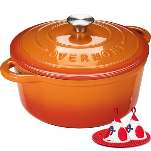 Overmont Olla de Hierro Fundido - Antiadherente Cacerola Holandesa de Esmaltado con Tapa - Ø24 CM Redonda Cacerola Holandesa para Cocinas de Inducción - Naranja