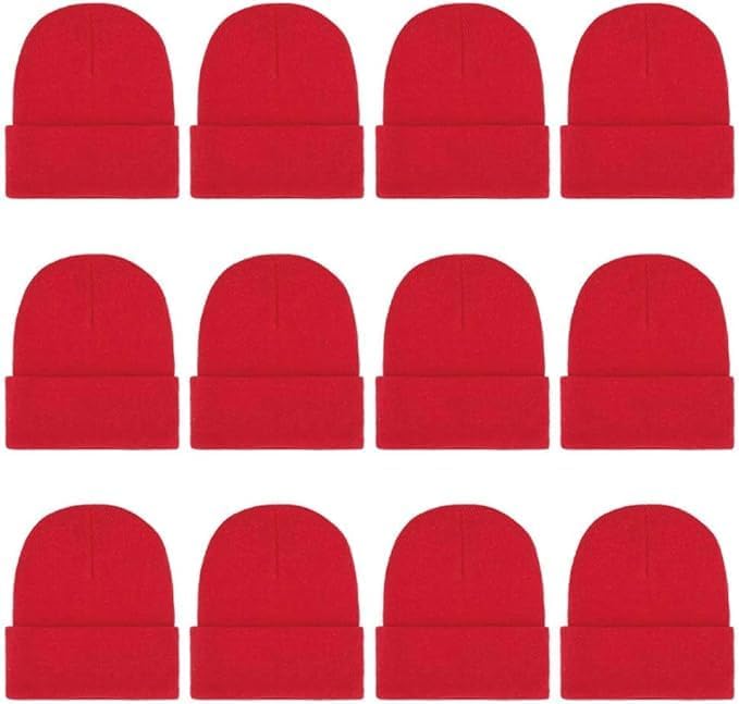 12 Packs Kids Beanies Winter Hats Warm Variety Pack, Assorted Colors Cuffed Knit Caps for Boys Girls Wholesale