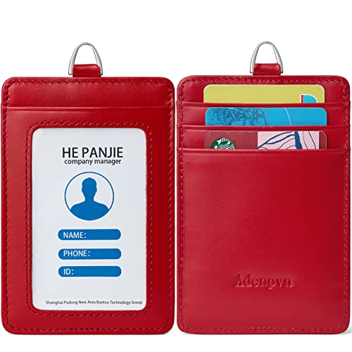 Cow Leather ID Badge Holder with Lanyard(Full Grain Leather,3"*4.5"),1 Clear ID Window and 3 Card Slots,Nylon Neck Lanyard with rotatable and Removable Metal Clasp,Vertical Name Badge Holders