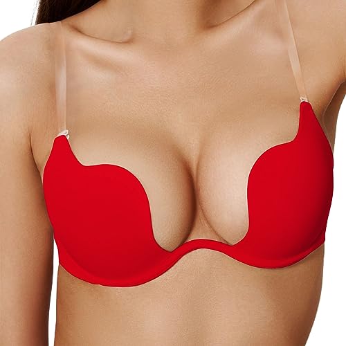 Image of Womens Low Plunge Push Up Bra with Clear Straps Low Cut Convertible Underwire Padded Cleavage Bra