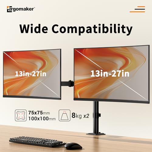 Image of ERGOMAKER Fully Adjustable Dual Monitor Arm for 2 Screens up 13 inch to 27 inch | Heavy Duty Dual Monitor Mount for Desk,two mounting options