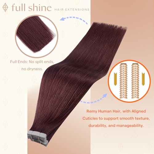 Image of Full Shine Tape Ins Human Hair Extensions, Mulberry Wine 24 Inch | 50g 20PCS, Brazilian Invisible Remy Tape in Extensions Human Hair Seamless Skin Weft Aesthetic Appeal for Wedding