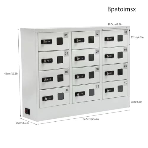 Bpatoimsx 12-Fach-Handy-Ladekasten aus Stahl (Weiß) | Sichere Aufbewahrung mit Zahlenschloss pro Fach, Für Unternehmen, Fabrik, Büro, Polizei & Öffentliche Einrichtungen