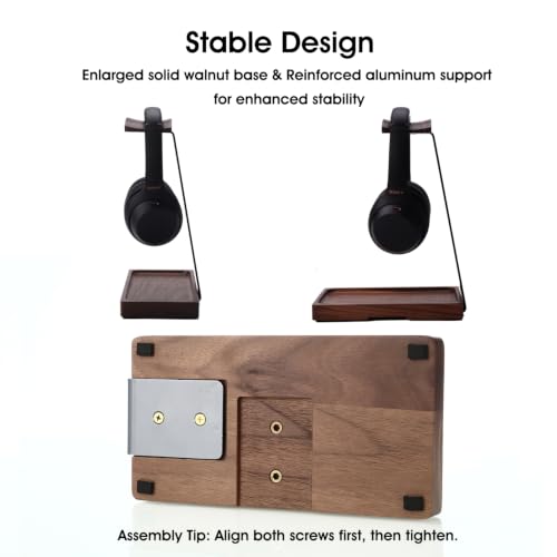 Image of Walnut Headphone Stand, Wooden Headset Stand for Desk, Wood Gaming Headphone Holder with Storage Base for Airpod max, Bose, Razer, Sennheiser, Jabra, JBL, AKG, Vintage Gift for Men, Grey