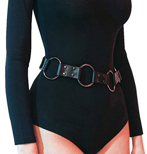 Women's Punk Rocker Grommet Leather Waist Belts with Metal Chains Tassel Adjustable Buckles Black Garter Harness