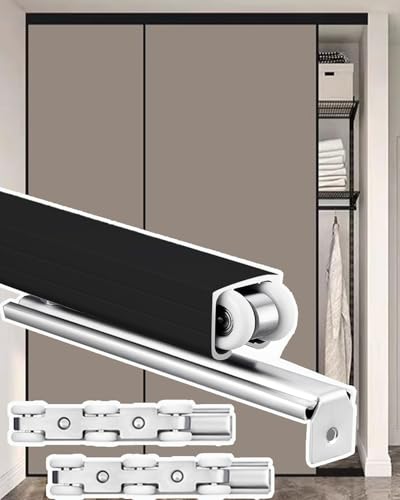 Minglez Kit Porte Coulissante Kit de Porte Coulissante Noir de 2 M, 2,3 M, 2,4 M, 2,7 M, 3 M et 3,7 M. Rail de Porte Coulissante avec roulettes pour Placard, Rail de Porte Coulissante(9ft/2.7m)