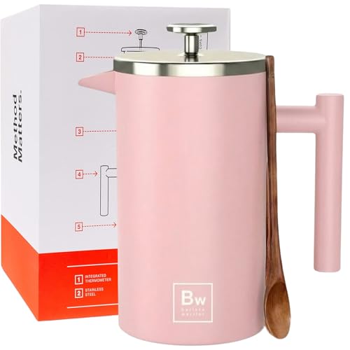 Image of Barista Warrior French Press Coffee Maker - Double-Wall Stainless Steel Insulated French Press with Built-In Thermometer, Dual Filters Coffee Maker with Wooden Spoon - Pink