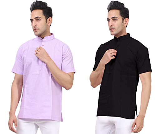 Image of KUNDAN Men's Cotton Linen Pattern Short Kurta (Pack of 2 Short Kurta for Men)