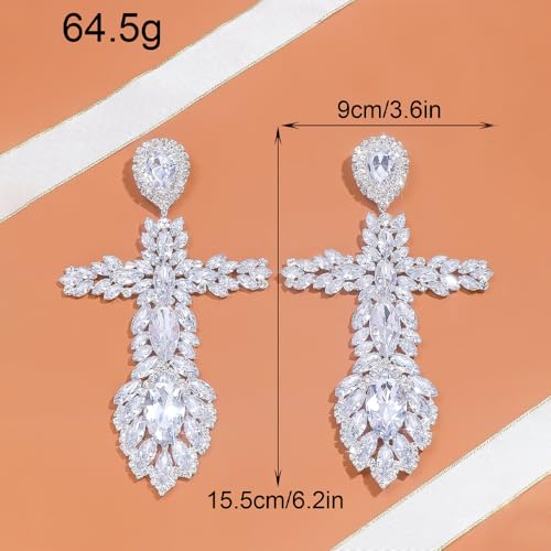 Large Silver Rhinestone Cross Earrings for Women Long Costume Sparkly Statement Earrings Geometric Formal (A-Silver)2