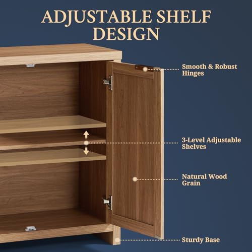 Image of OAKHAM HOME Hampstead Storage Sideboard Cabinet with Rattan Doors and Adjustable Shelves, Buffet Kitchen Cabinet Cupboard Console for Living Room