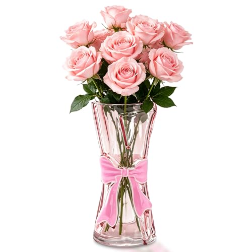 Bow Vase - Pink Glass Vase Cute Bow Decor Unique Cute Decorative Bouquet Flower Pot Aesthetics for Living Room Home Table Centerpieces Shelf Modern Decor