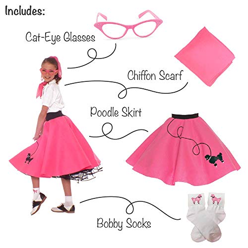 Hip Hop 50's Shop 1950s Girls 4 Piece Poodle Skirt Costume Outfit for Kids with Accessories (glasses, socks, scarf) (Child Medium Hot Pink)