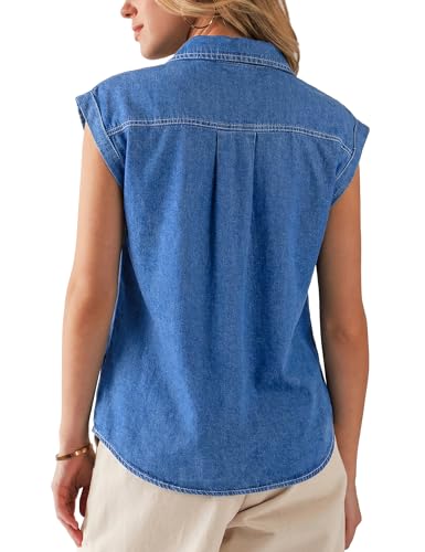 POTILI Women's Sleeveless Denim Shirts, Button Down V Neck Jean Cap Blouse Top Trendy Casual Blue — view 2