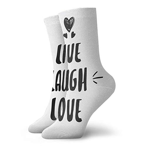 JDNFDR Calcetines atléticos, calcetines unisex con texto en inglés 'Laugh Love' con corazones dibujados a mano, modernos y con letras de flechas, calcetines de felicidad, calcetines de oficina