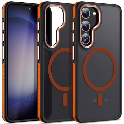 Image of MALEWOLF Case for Samsung Galaxy S23 Plus, Compatible with Magsafe, Magnetic Cover with Anti-Slip Edge, Shockproof Translucent Color Hybrid Phone Case for Galaxy S23+ 5G (Black /Orange)