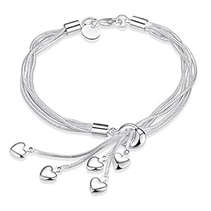 Harlorki Simple 925 Silver Plated Chain 5 Small Love Heart Pendents Charm Wrist Chain Bracelet Bangle Fashion Costume Jewelry for Women Lady Girl