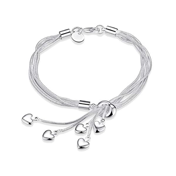 Harlorki Simple 925 Silver Plated Chain 5 Small Love Heart Pendents Charm Wrist Chain Bracelet Bangle Fashion Costume Jewelry for Women Lady Girl