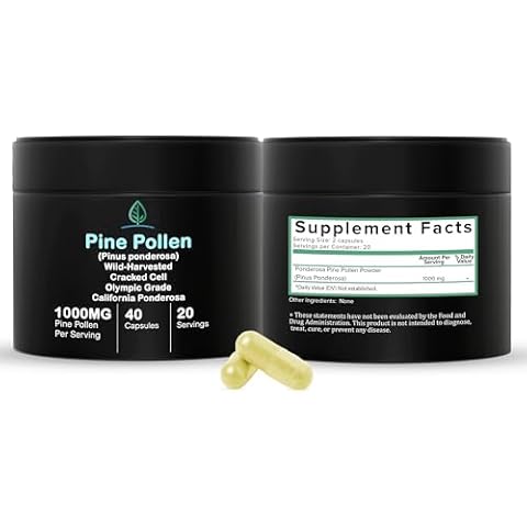 Holistic Bin Pine Pollen Capsules 500mg Made w/ 100% Pure Pharmaceutical Grade, Wild Harvested California Pine Pollen Powder | Organic, Non GMO, No Fillers | 30 Day Supply (40 Capsules) Cover