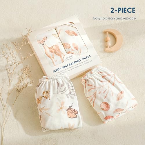 Stretchy Ultra Soft Fitted Bassinet Sheet Set 2 Pack, Universal Fit for Bassinets Baby Cradle Moses Basket Oval Rectangle Mattress Safe and Snug, Beautiful Blush Pink Floral and Cute Animals Print