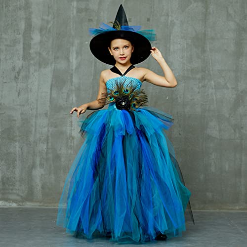 Kids Girls' Peacock Feather Dress Baby Model Catwalk Performance Tail Dress Festival Mesh Cosmetic Costume with Hat3
