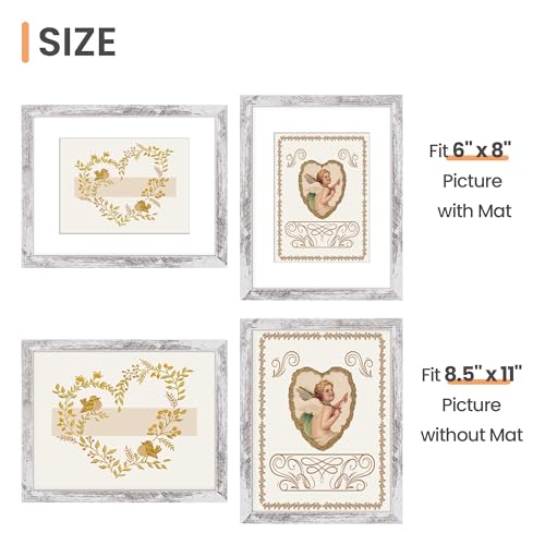 Image of upsimples 8.5 By 11 Picture Frame, Display Pictures 6x8 with Mat or 8.5 x 11 Without, Wall Hanging Photo Frames, Rustic White, 1 Pack