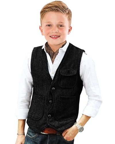Image of Retro Boys Tweed Vest for Kids Formal Dress Herringbone Suit Vest for Toddler Boy Wedding Waistcoat