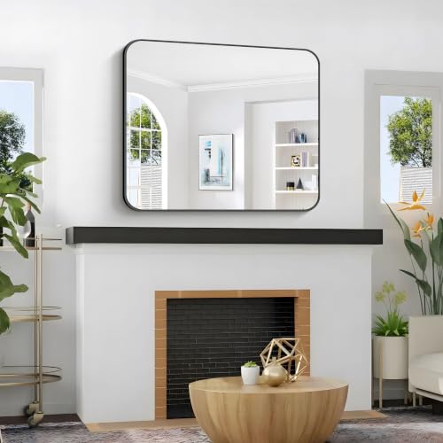 Image of 2pcs Bathroom Mirror, 36 x 30 inch Metal Framed Black Rectangle Mirror, Rounded Corner Rectangular Vanity Mirror, Wall Mounted Mirror for Modern Bedroom Living Room
