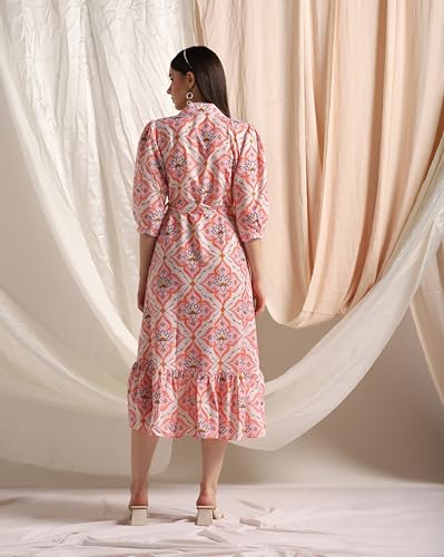 Image of Leriya Fashion Dresses for Women Crepe Abstract Print Belt Waisted High N Law with Ruffled Hem in Wrap-Up Western Dress Shopping College Holidays Office Wear Casual Dress for Girls