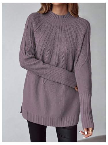 Image of Verdusa Women's Cable Knit Chunky Sweaters Mock Neck Long Sleeve Pullovers Tunic Top Purple Medium