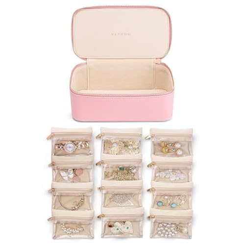 Vlando Jewelry Travel Case with 12 Velvet Jewelry Bags Travel Jewelry Orgainzer for Girls Jewelry Box for Necklace Rings Earrings Bags Christmas Gifts