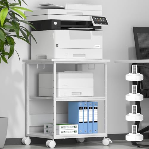 （12:00時点） [W60*D50*H70cm]プリンター台 キャスター付き パソコンラック 中棚高さ9段階調節 両側取っ手付き pcワゴン オーディオラック デスク下 収納 棚 木製 袖机 スリム オフィス 収納 オフィスワゴン (ホワイト)