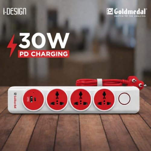 Image of Goldmedal i-Design 4-in-1 Extension Board | 30W PD Fast Charging with Dual USB (A+C) | 2 Meter | 3 Universal Sockets | Multi Plug Power Strip for MacBook, Laptop, iPhone & iPad | White