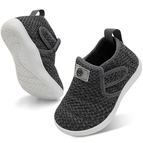 QFH Toddler Shoes Boys Girls Sneakers Comfy Barefoot Shoes Kids Adjustable Hook and Loop Walking Shoe Wide Toe Box Breathable Shoe