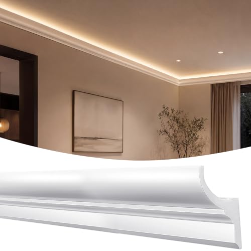 Pangda 6 Pcs 47.24 Total 23.62 ft Ceiling LED Crown Molding Trim Decorative Ceiling Molding with LED Duct Kit for Seamless Ambient Accent Lighting Waterproof Channel for Living Room Bedroom Decor