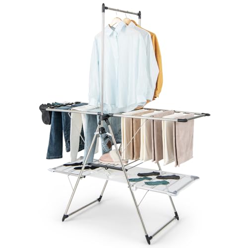 COSTWAY Étendoir Linge Intérieur, Sechoir à Linge Pliable en Acier Inox, Cintre Haut 182 cm, Grand Filet de Séchage, Tancarville Linge Solide Réglable 70-140 cm,...