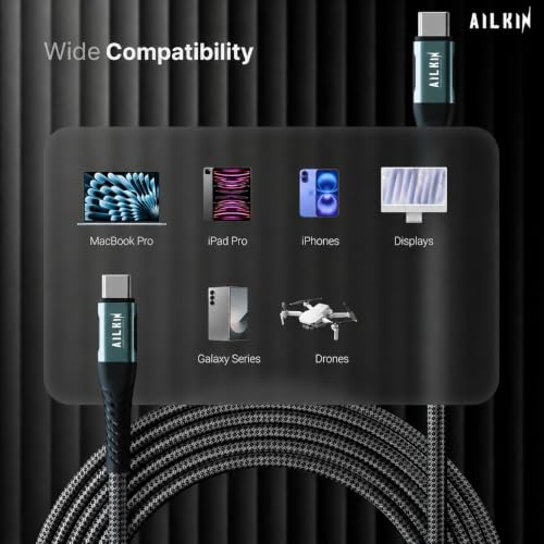 Image of Type C to Type C Cable 100W Fast Charging with [Lifetime warrenty] 3M Long Type C Cable, 5A Power Delivery, 480Mbps Data Sync, Braided Cord Compatible with All Devices by AIL-KIN