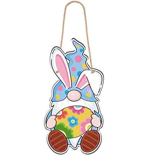 Jetec Easter Door Decor Gnome Sign with Colorful Egg Plaque Gnome Wall Hanging Sign for The Easter Day Party, 13.4 x 6.9 Inch