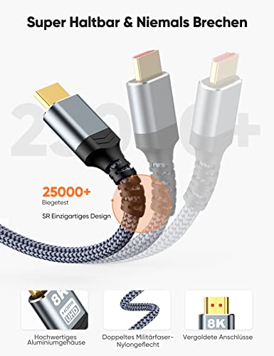 SNOWKIDS HDMI 2.1 Kabel 2M 8K, 2.1 48Gbps Highspeed 8K@60Hz HDMI Kabel 4K@120Hz 7680P, für PS5 Konsole, DTS: X, HDCP 2.2… – Bild 6