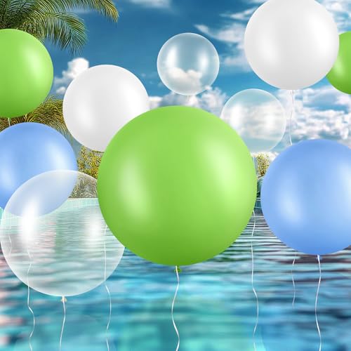 Image of Gejoy 24 Pcs Pool Giant Balloons 36 /24 /18 Inch Jumbo Large Big Latex Balloons Bulk with Ribbon for Pool Decorations Garland Arch Wedding Birthday Supply, Needs to Be Filled with Helium(Green,White)