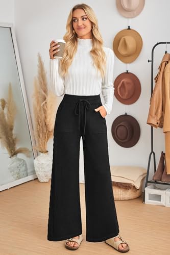 Arach&Cloz Womens 2025 Spring Sweater Pants Wide Leg Elastic High Waist Cute Casual Flowy Lounge Winter Knit Trousers Pockets4