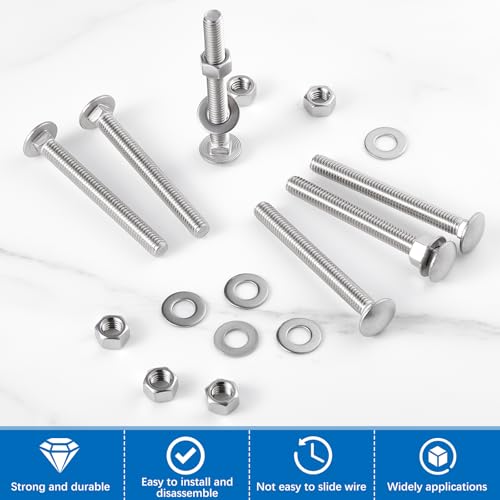 Image of Zonon 25 Sets 3 /8-16 x 3-1 /2 Stainless Steel Carriage Bolts and Nuts Kit Round Head Square Neck Carriage Bolts Screws and Hex Nuts and Flat Washers, Stainless 18-8 Full Thread Coverage (Silver)