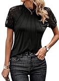 EVALESS Womens Fashion Spring Summer Tops 2024 Crewneck Sexy Patchwork Lace Short Sleeve Cute Tee Shirts Casual Going Out Knitted Tops Blouses Clothes Black Medium