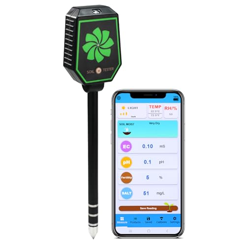 8-in-1 Soil Meter with Bluetooth pH, EC, Salt, Fertility, Moisture, Humidity, Temperature & Light Sensor High-Precision Probe, Data Logging, App Control for Android & iOS | Gardening & Farming Tool